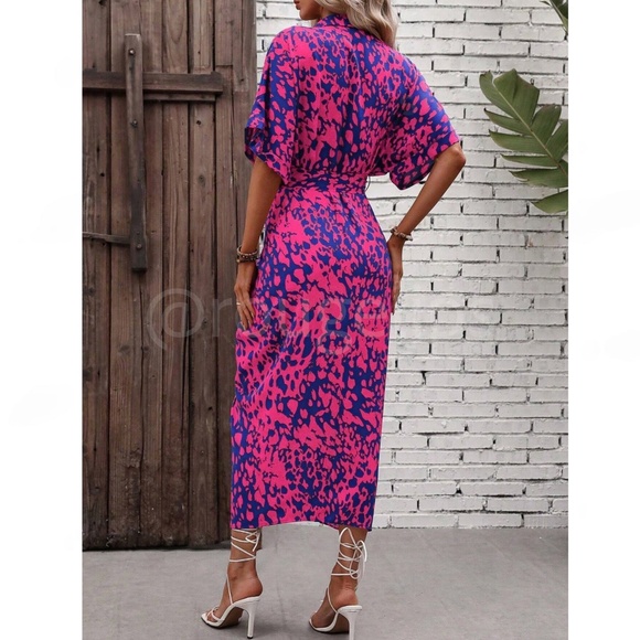 Spotted All Over Print Button Through Tie Belt Ruched Maxi Shirt Dress Blue Pink - Picture 4 of 10